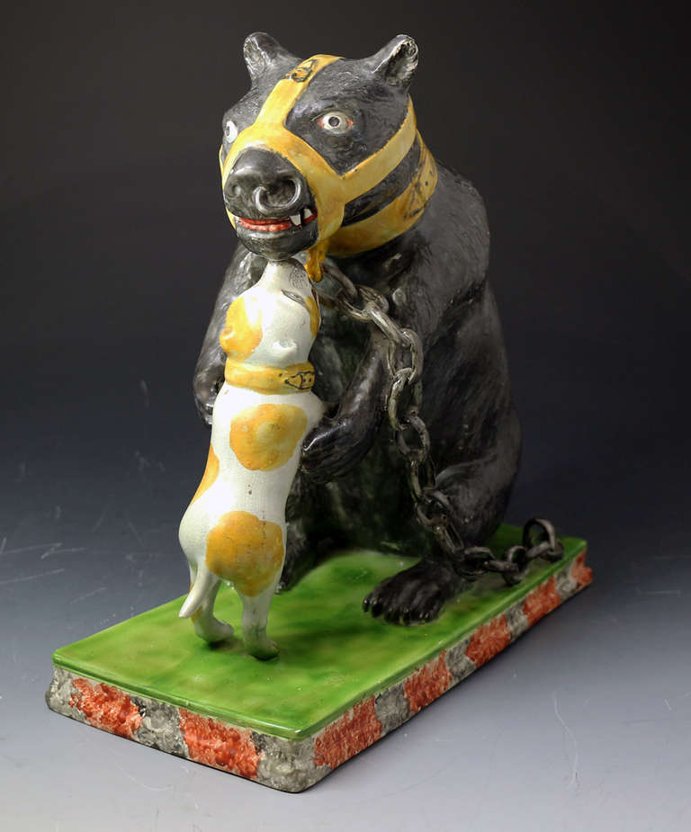 19th Century Antique English Pottery Figure of a Bear Baited by a Bull Terrier, Staffordshire Pottery circa 1815 For Sale