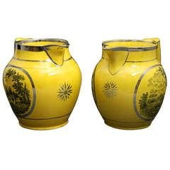 Pair of Antique Canary Yellow Pitchers with Silver Luster Decoration