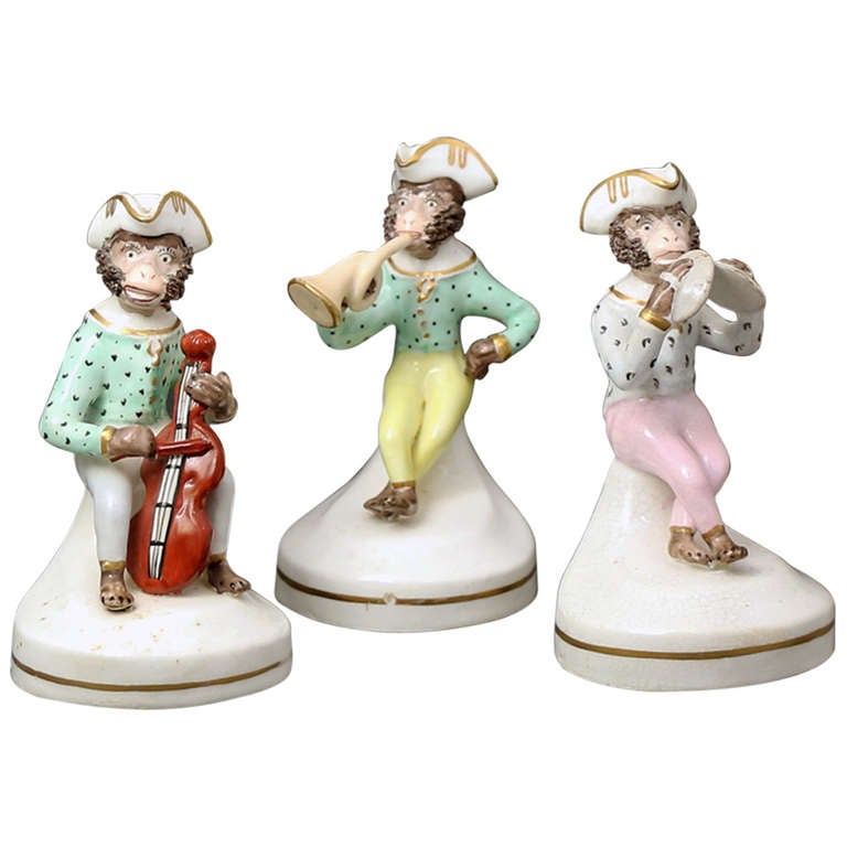 Antique Staffordshire Pottery Monkey Band Figures Trio circa 1840