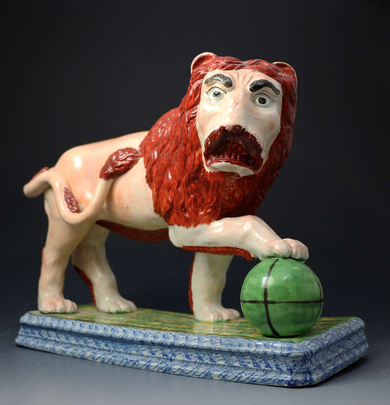 Antique Staffordshire Pottery Figure of a Standing Lion circa 1820 In Excellent Condition In Woodstock, OXFORDSHIRE