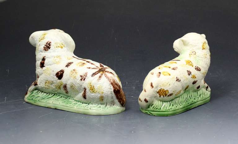 English Antique Pair of Figures of Ewe and Ram, Creamware Bodied
