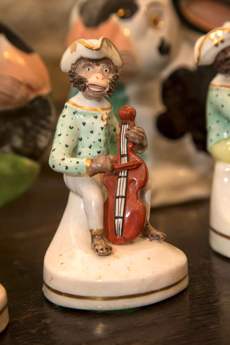 English Antique Staffordshire Pottery Monkey Band Figures Trio circa 1840