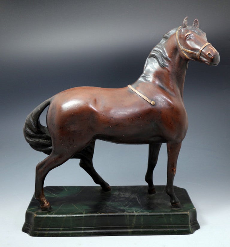 Large early earthenware Leeds Pottery figure of a standing horse on base c1810