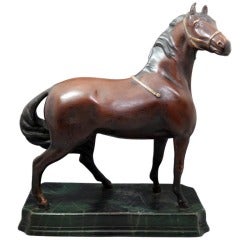 Large early earthenware Leeds Pottery figure of a standing horse on base c1810