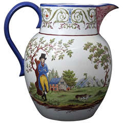 Antique English pottery pearlware pitcher with figures of a youth and his dog
