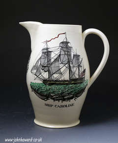 Antique English creamware pitcher with sailing ship "Caroline" flying US flag