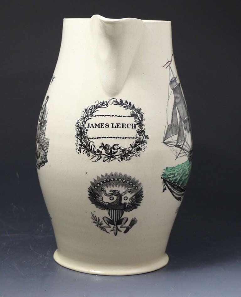 Antique creamware pottery pitcher with underglaze transfer prints titled SHIP CAROLINE,
The Shipwright Arms,under the spout the name James Leech and an American amorial crest. A rare piece with added interest with the American connection, the ship