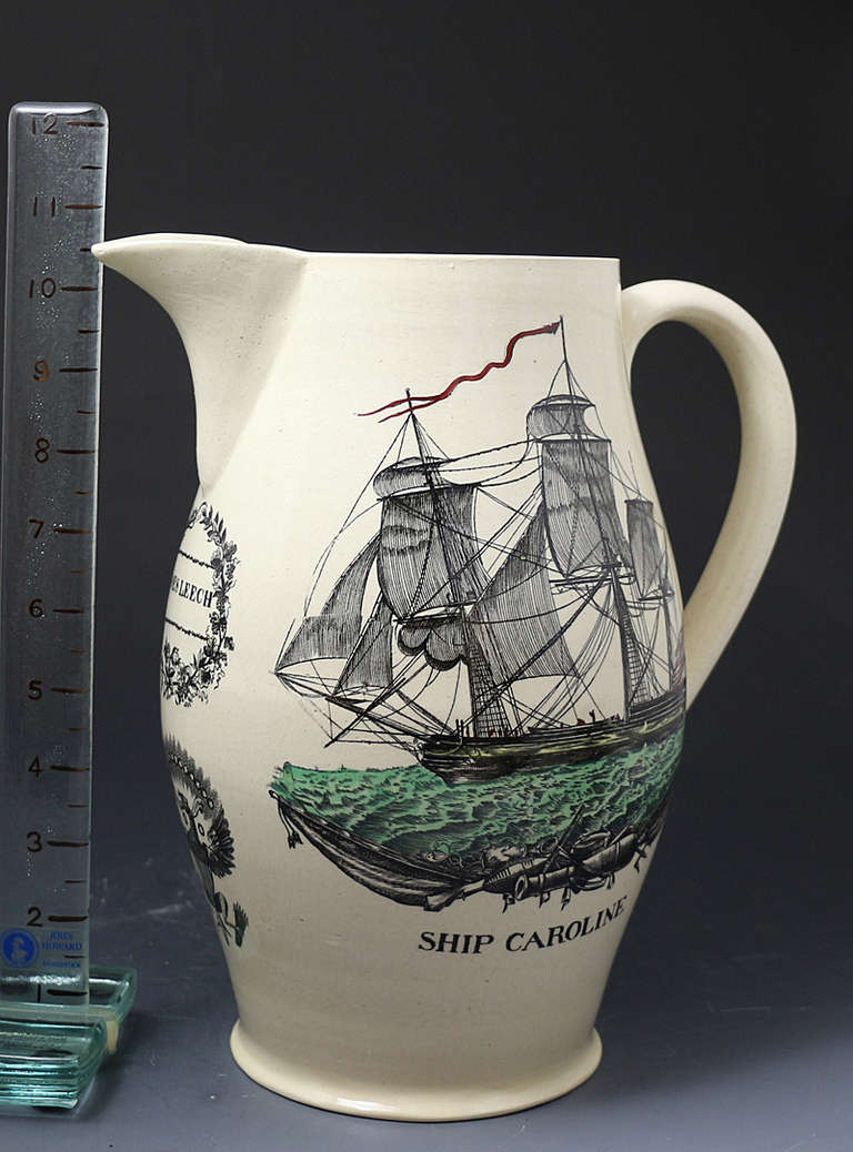 Antique English creamware pitcher with sailing ship 