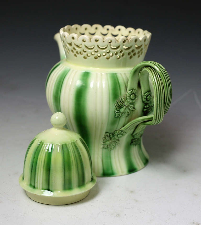 18th Century and Earlier Antique English period creamware pottery teapot with reticulation & green border