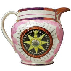 Antique pink luster pottery pitcher with nautical related decorations c1820