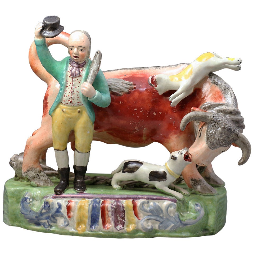 Antique Staffordshire Pottery Pearlware Bull Baiting Figure by Sherratt