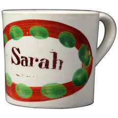 Antique English Creamware Pottery Mug Named Sarah, circa 1780