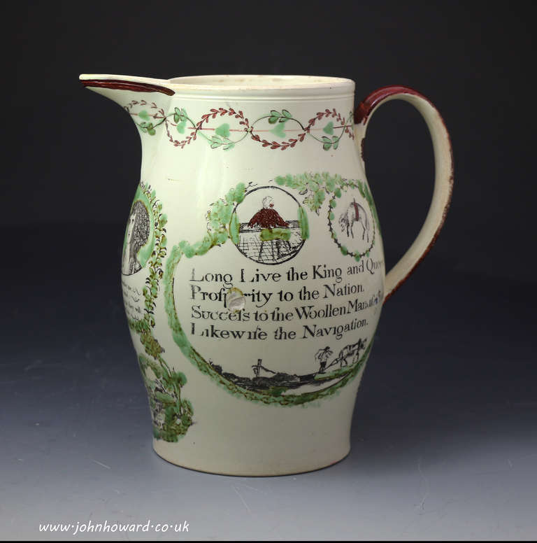 A very rare creamware pottery pitcher with various underglaze transfer prints.
The most significant relate to King George 111 whose mental illness was of great concern to the British proletariat. The pitcher also carries a print of Toby Phillpott,