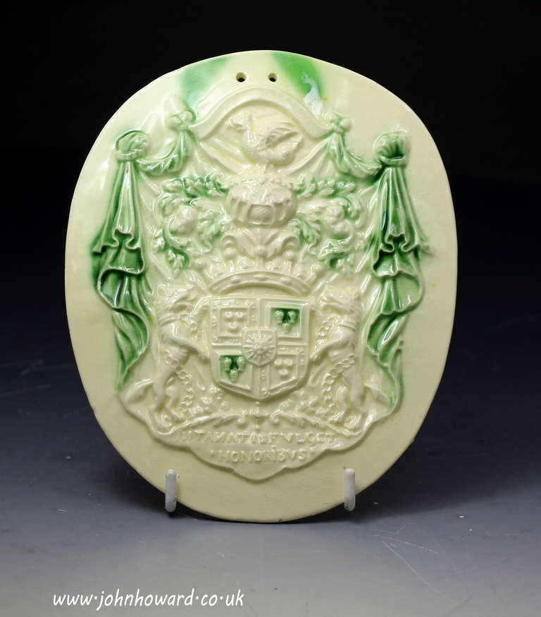 Antique creamware pottery relief molded plaque with the armorial crest of the Seton Family. The plaque still retains Jonathan Horne's label on the back. 

Provenance; Jonathan Horne Kensington Church Street London 

Framed/External