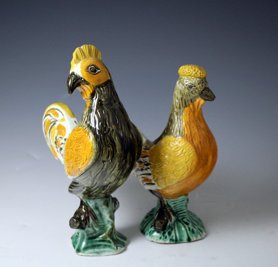 A very rare pair of English Prattware figures of a hen and rooster. 
The duo are vibrantly coloured in classic Pratt palette and are previously unrecorded. 
The figures date to the early 19th century period 1810/20.