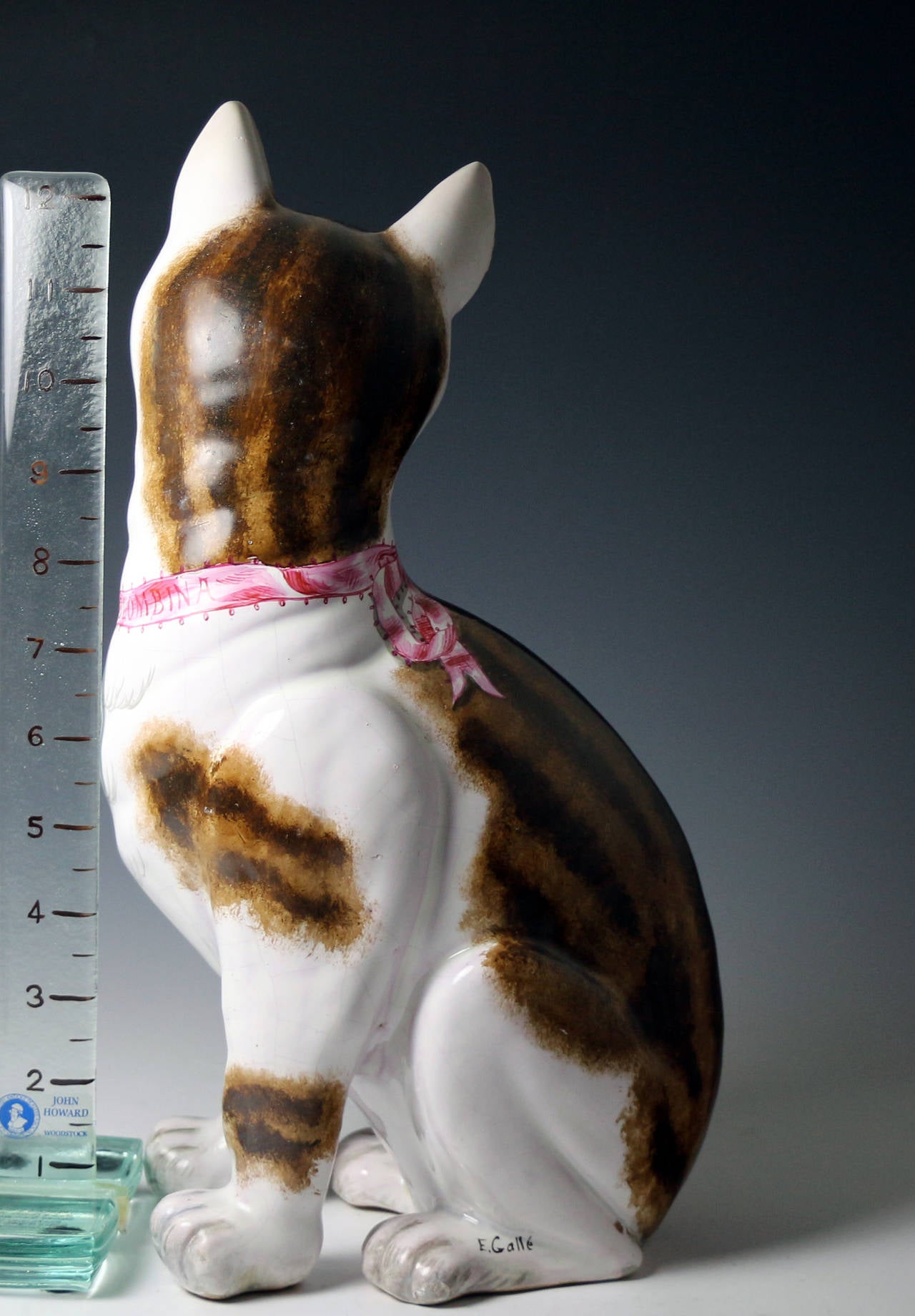 French Antique Pottery Figure of a Cat with Glass Eyes