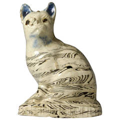 Staffordshire Pottery Stoneware Saltglaze Agate Ware Figure of a Cat on Base