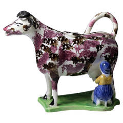 Antique English Pottery Cow Creamer with Hobbled Legs, Early 19th Century