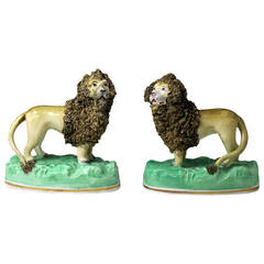 Antique Staffordshire Porcelain Figures of Lions on Green Bases