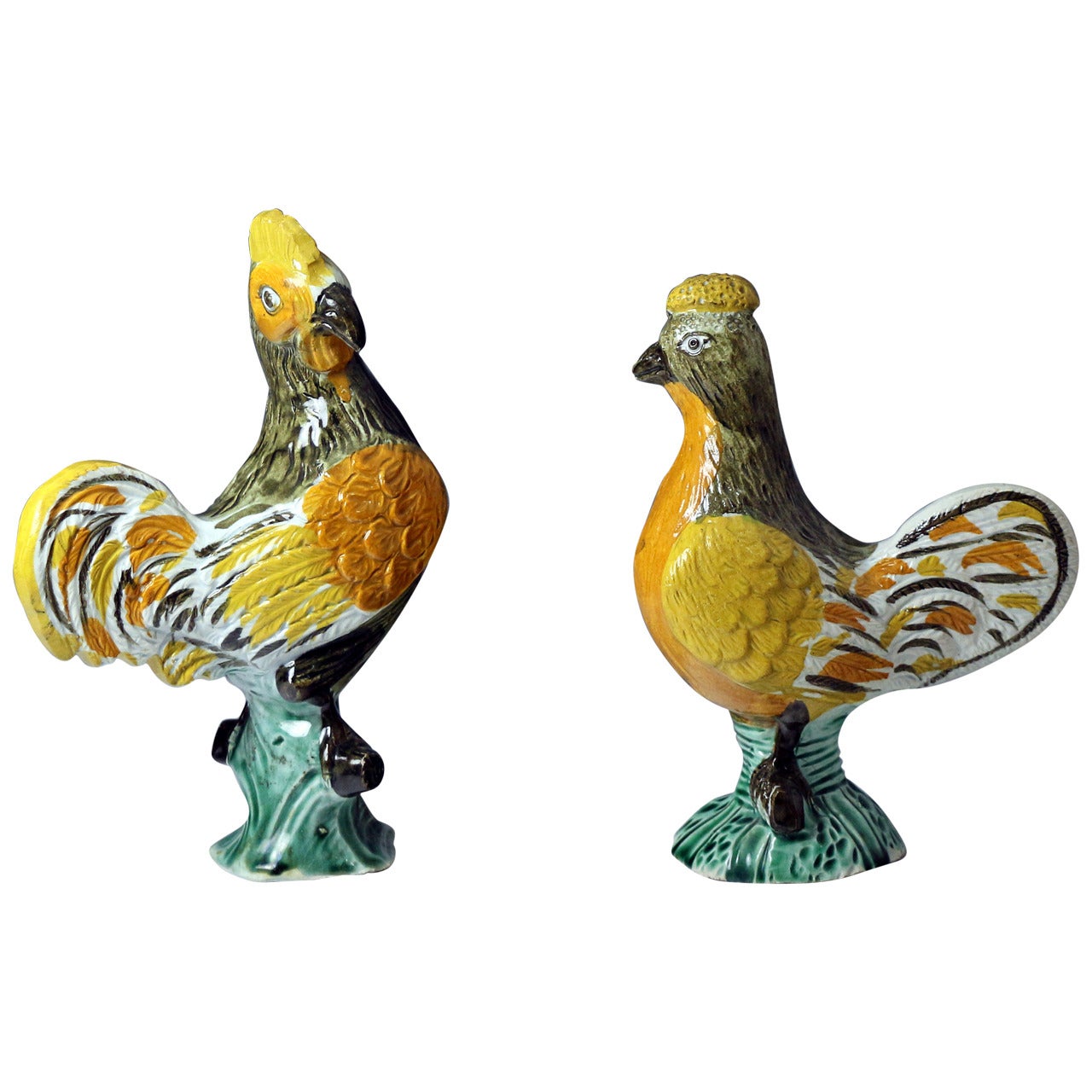 Pair of Prattware English Pottery Figures of a Rooster and Hen