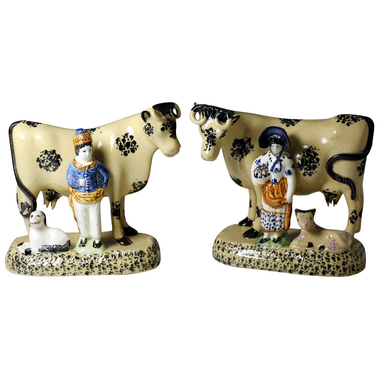 Yorkshire Pottery Prattware Figures of Cows with Attendents