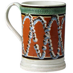 Antique English Pottery Early Mochaware Tankard with Earth Worm Patterns, 1800