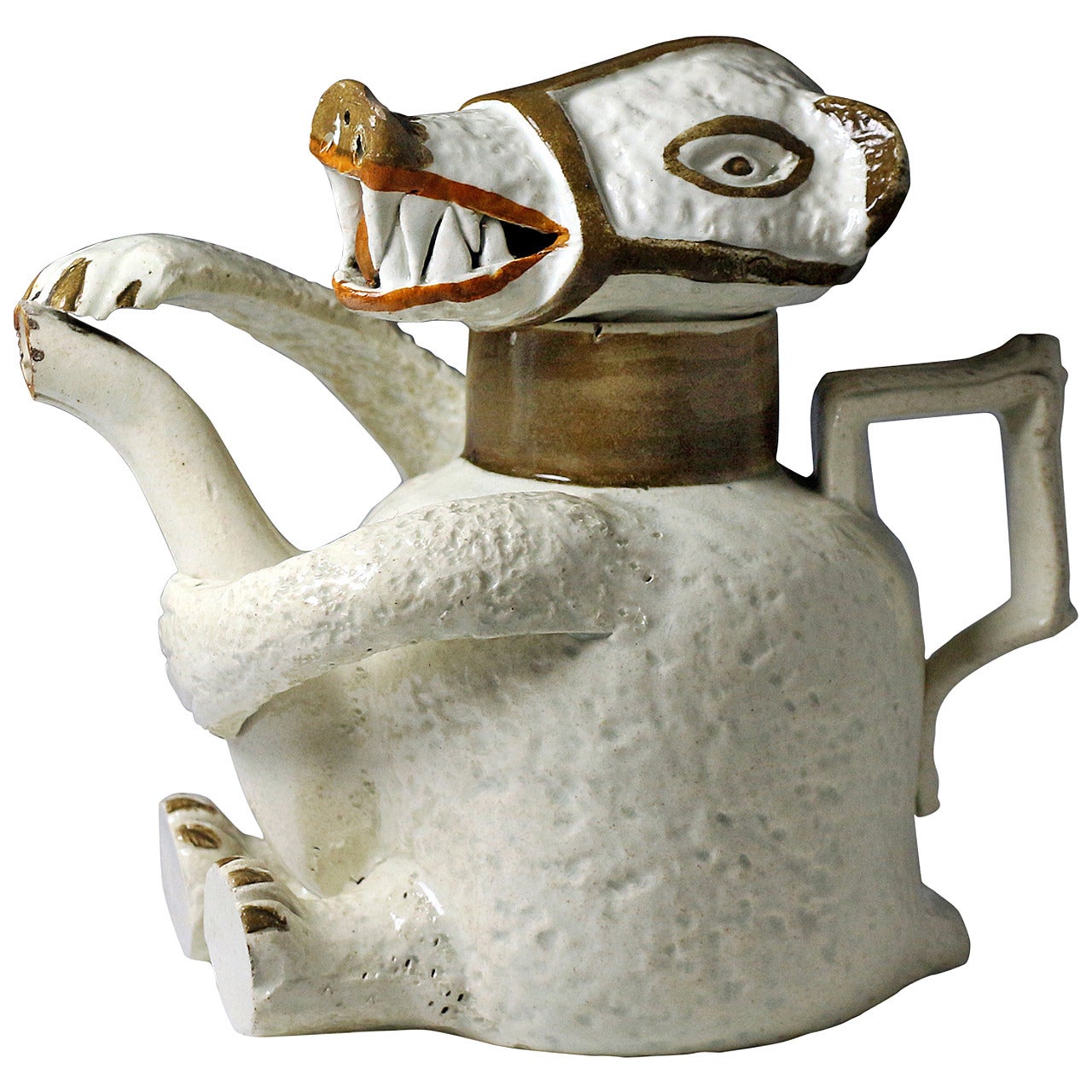 English Prattware Pottery Bear Shaped Teapot, circa 1790-1800