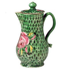 18th Century Staffordshire pottery saltglaze jug and cover with green ground