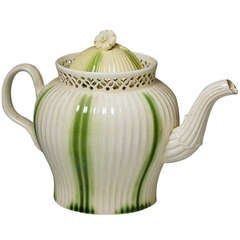 Antique 18th century period creamware pottery teapot with green stripe glaze