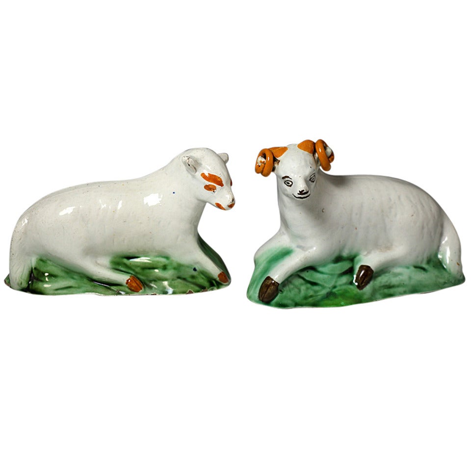 Antique English Pottery Pair of Figures Ram and Ewe, Yorkshire Pottery For Sale