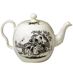 Antique English creamware pottery teapot with underglaze black print c1775