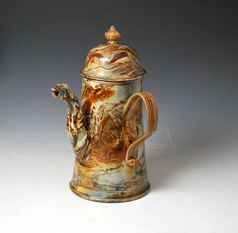 Antique Whieldon Staffordshire pottery chocolate pot in agateware c1760