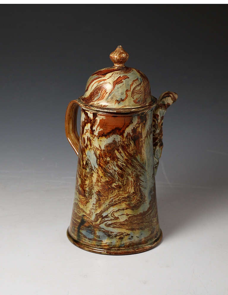 Antique Whieldon Staffordshire pottery chocolate pot in agateware c1760