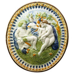 Antique Prattware Pottery Oval Plaque with Relief Decorated Bacchus Scene