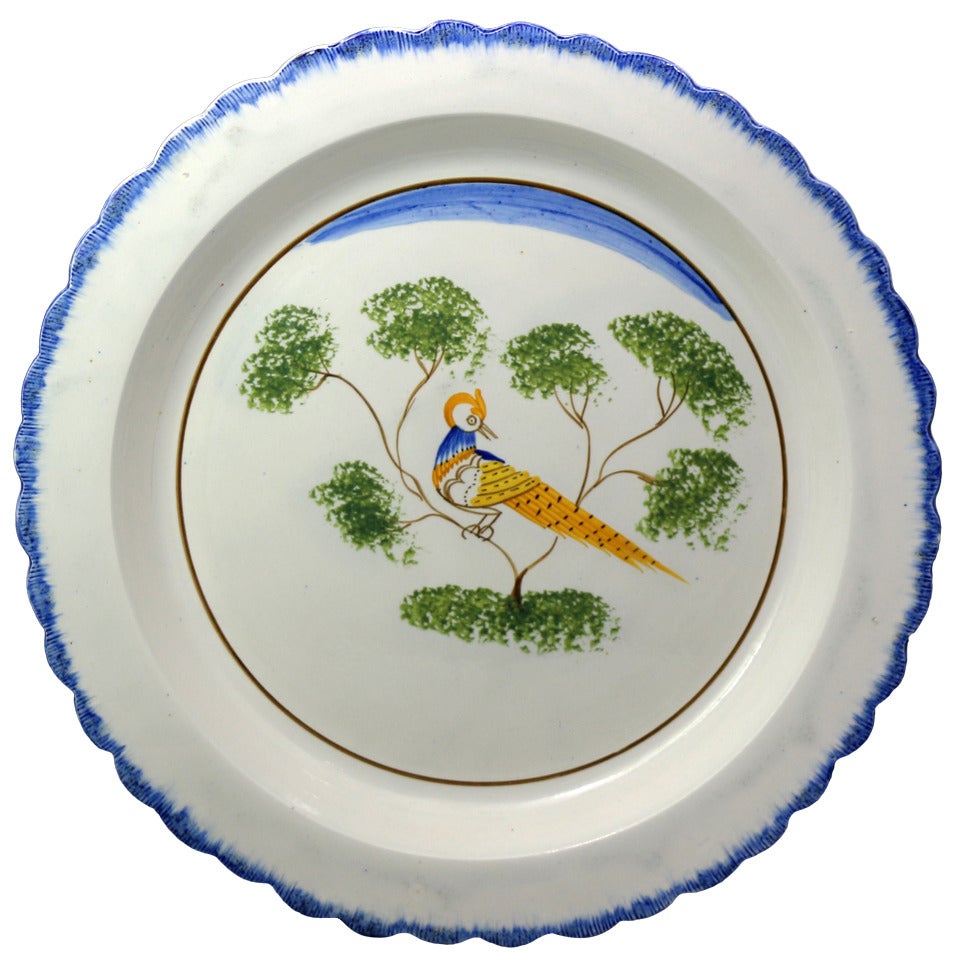 Antique Pottery Pearlware Charger with Peafowl, English, Early 19th Century
