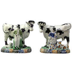 Antique Pottery Cows with Attendants, Yorkshire Pottery, Early 19th Century