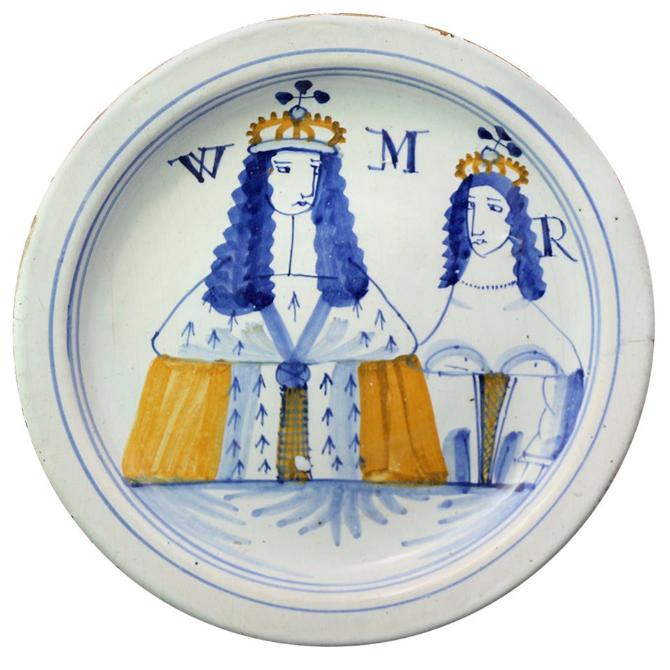 Antique Delft Ware Pottery Plate Commemorating King William and Queen Mary