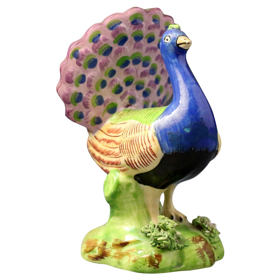 Antique Staffordshire Pottery Pearlware Figure of a Peacock, Early 19th Century