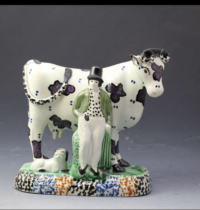 English Antique Pottery Cows with Attendants, Yorkshire Pottery, Early 19th Century