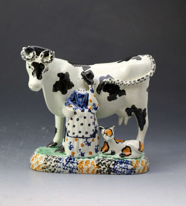 Antique Pottery Cows with Attendants, Yorkshire Pottery, Early 19th Century In Excellent Condition In Woodstock, OXFORDSHIRE