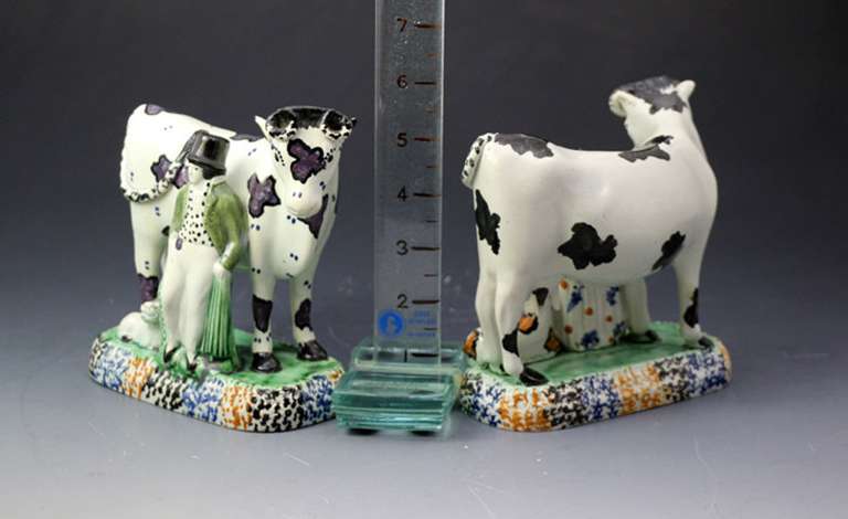 Antique Pottery Cows with Attendants, Yorkshire Pottery, Early 19th Century 1