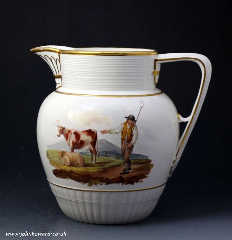 English Antique Pitcher with Hand Painted Scenes of Horse and Foal and a Farm