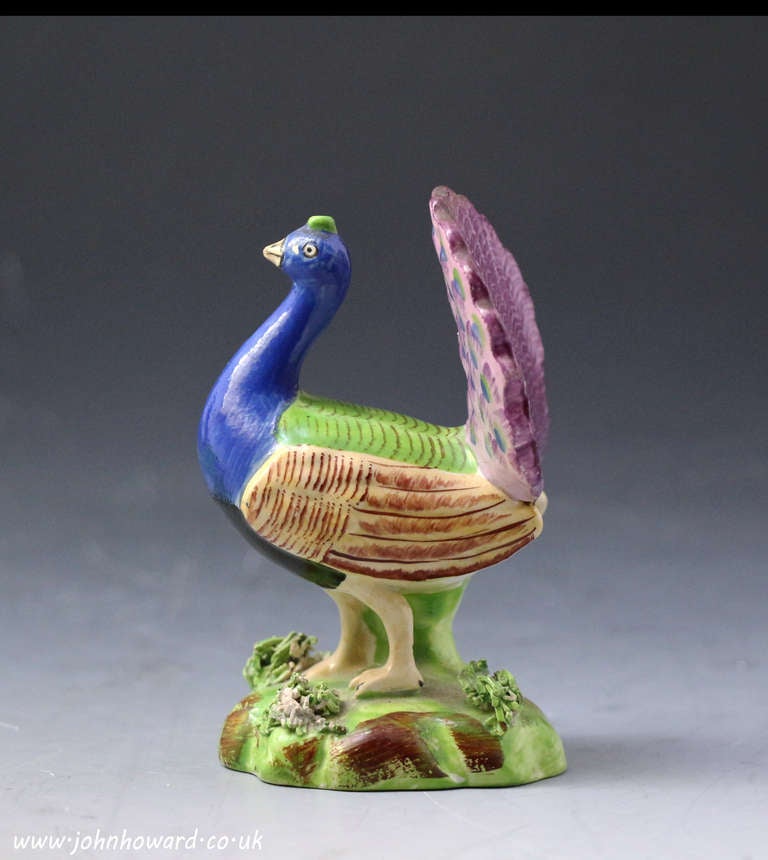 Antique Staffordshire Pottery Pearlware Figure of a Peacock, Early 19th Century In Excellent Condition In Woodstock, OXFORDSHIRE