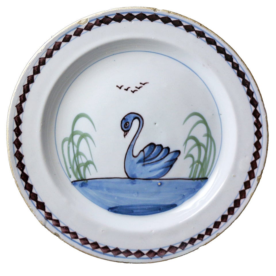 Antique English Delftware Plate with Image of Swan, 18th Century