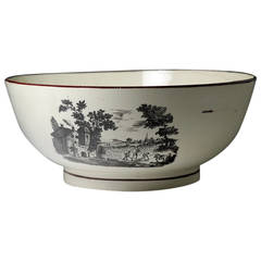 Large Creamware Pottery Bowl with Underglaze Transfer Prints of Rural Scenes