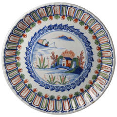 Antique English Pottery Polychrome Delftware Decorated Charger with Chinoserie Image