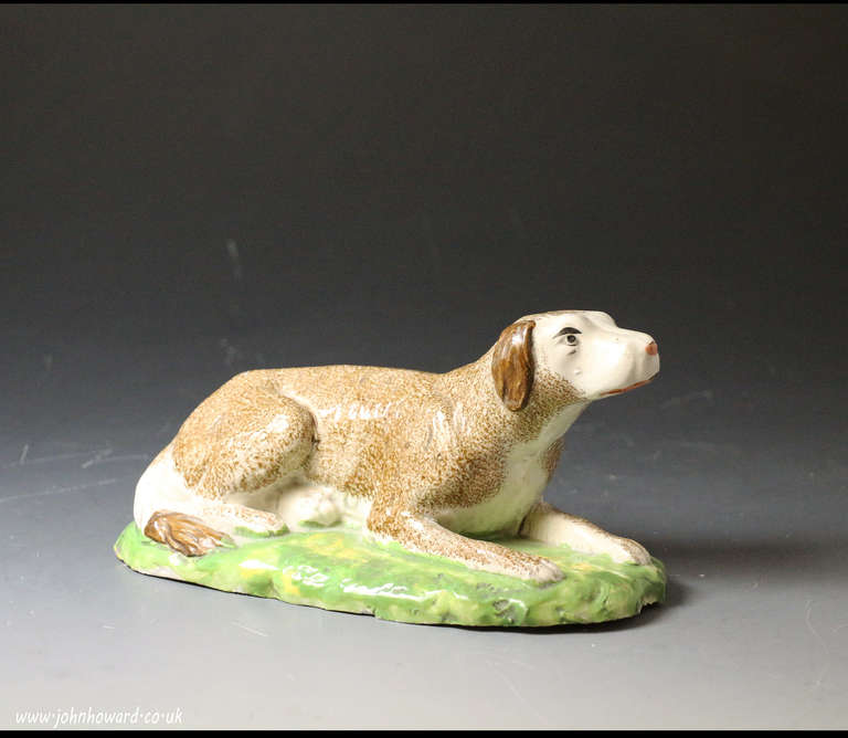 A rare Staffordshire pottery figure of a setter resting on a green base. Strong modeling and coloring make this a very attractive and appealing figure. Antique period early 19th century.