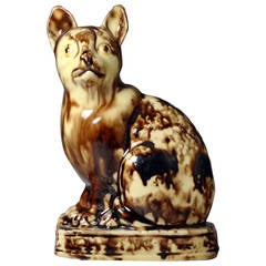 Antique Whieldon Type Figure of a Seated Cat in Lead Glazed Creamware, Staffordshire