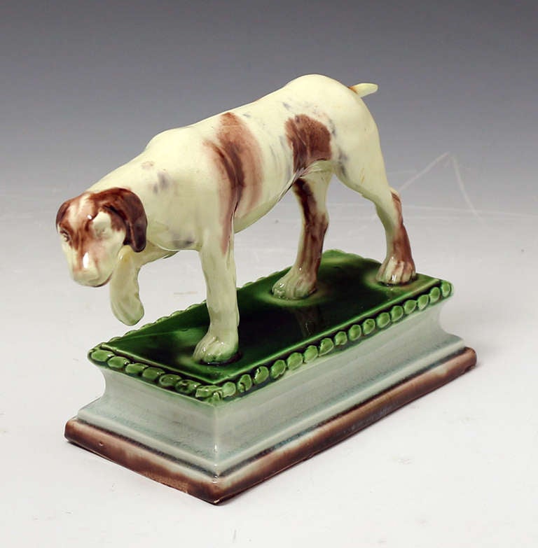 Ralph Wood Staffordshire Pottery figure of a hound on base 18th century In Good Condition In Woodstock, OXFORDSHIRE