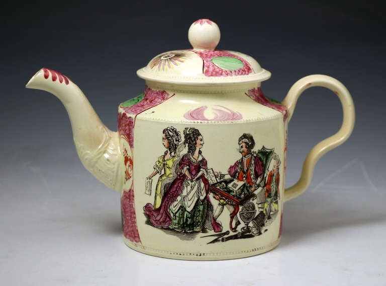A rare and large size William Greatbach creamware teapot and cover circa 1770/82. 
Classic cylindrical shape, an 